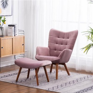 Lyngins Contemporary Silky Velvet Tufted Accent Chair & Ottoman Set, Mid-Century Armchair with Solid Rubber Wood Frame, Comfy Reading Chair - 1 of 4