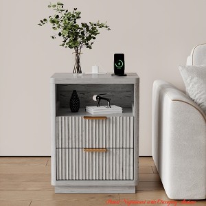 Fluted Nightstand w/ Charging Station, Mid Century Modern Fluted Nightstand, Wooden Night Stand, Modern End Table w/ Curved Corners - 1 of 4