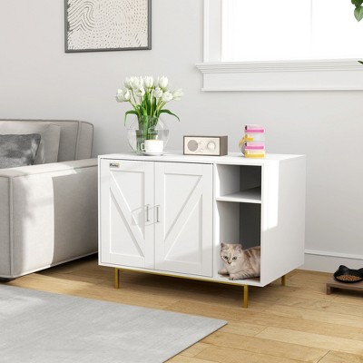 White Wooden Cat Litter Box Enclosure with Storage