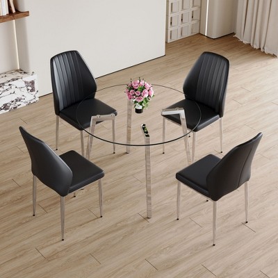 NicBex Dining Table Set for 4 Kitchen Table Round Clear Glass Dining Table Silver Metal Table Legs 4 PU Comfort Dining Chairs