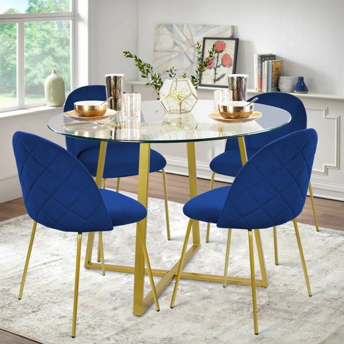 Hana Nano 5 Piece Round Shaped Dining Table Set With 4 Blue Tufted Velvet Upholstered Chairs Gold Legs The Pop Maison