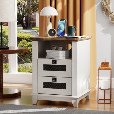 OKD 18'' Nightstand with Charging Station & 2 Drawers, Square End Table