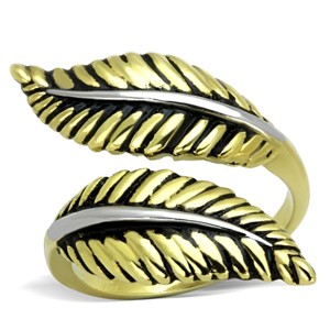 Slickblue Women's Boho Leaf Ring in Two-Tone IP Gold Stainless Steel with Jet Epoxy Detail, 5.2g, size 5–10 - 1 of 4
