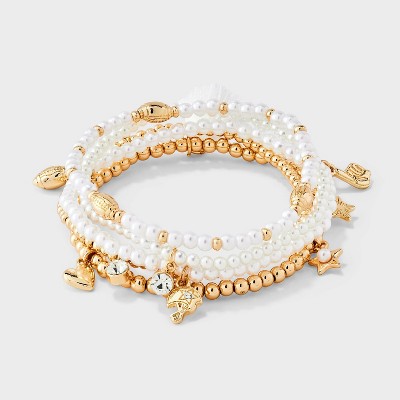 Acrylic Pearl Beaded Game Day Football & Heart Charms Stretch Bracelet Set 5pc - Wild Fable™ White