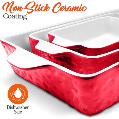 Red 3-Piece Rectangular Ceramic Bakeware Set with Non-Stick Coating