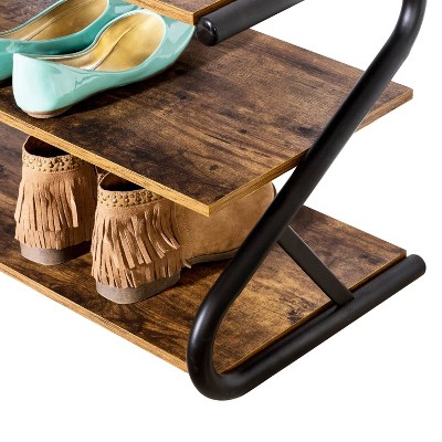 Matte Black Metal and Wood 3-Tier Shoe Rack