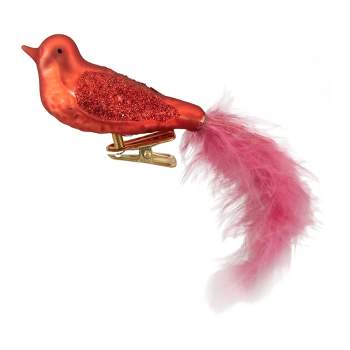 Northlight 5.5" Red Bird with Pink Feather Tail Glass Clip On Christmas Ornament