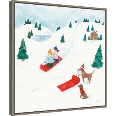 Winter Wonderland Dogs Sledding Scene Framed Canvas Art