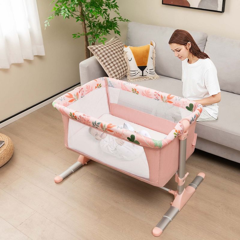 Babyjoy Folding Baby Bassinet Bedside Sleeper with 4 Adjustable Heights, Retractable Feet Pink, 5 of 9