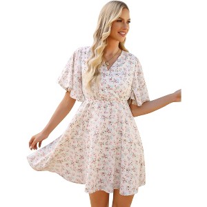 Women's Floral Dress Casual Short Sleeve Sundress Swing A Line Maxi Dresses - 1 of 4