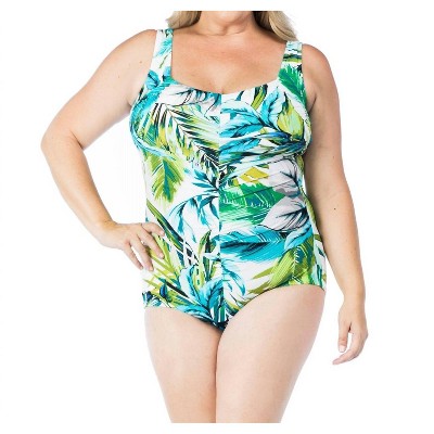 Women's Palm Beach Plus Shirred Front Girl Leg One Piece Swimsuit - Maxine of Hollywood