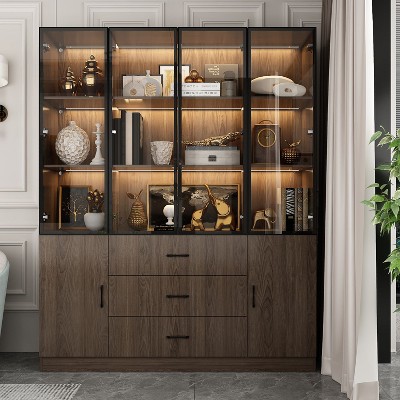 FUFU&GAGA Brown Woodgrain 4 Glass Door Storage Cabinet Bookcase Kitchen Cabinet for Home Office/Living/Kitchen Room