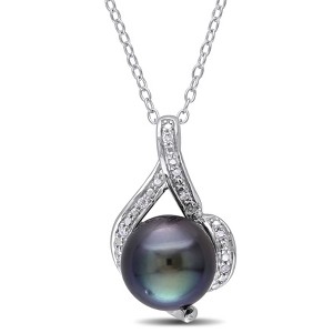 EVERLY JEWELRY | Sterling Silver 9-9.5mm Black Tahitian Pearl and Diamond Accent Curlicue Pendant with Chain, 18 - 1 of 4