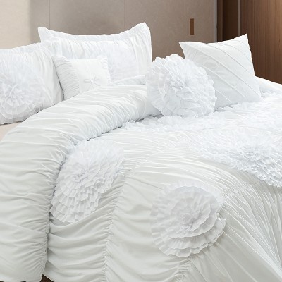 HIG French Country Handmade Ruffle Floral Bed in a Bag, 7-Piece Camel Queen Size Comforter Set with Ruffled Shams, Bedskirt & Accent Pillows — фото 2