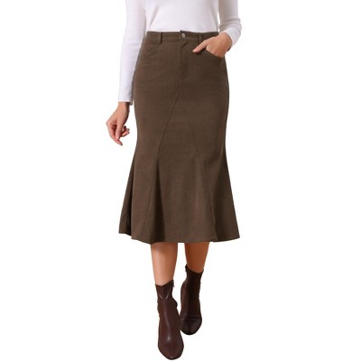 INSPIRE CHIC Women's Corduroy High Waist Button Front Fishtail Skirt with Pockets Midi Skirts