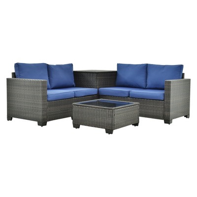Decksplore Outdoor Lounge Set PE Wicker with Iron Frame Navy Blue Sofa & Coffee Table Combo