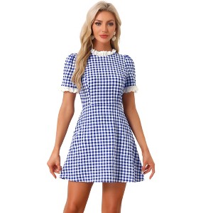 Allegra K Women's Summer Ruffle Neck Lace Panel Short Sleeve Check Gingham Dress - 1 of 4