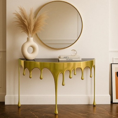 Royal Hampton Sofa Console Table | 36.25" Half Moon Glass Top | Melting Drip Design | Aluminum Cast