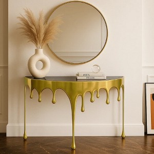 Royal Hampton Sofa Console Table | 36.25" Half Moon Glass Top | Melting Drip Design | Aluminum Cast - 1 of 4