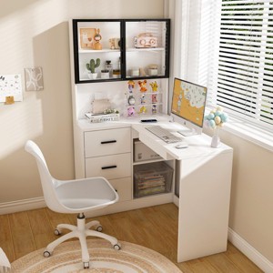 62" L Shaped Computer Desk with Hutch and LED Glass Cabinets, USB Charging Station & Storage Drawers for Home Office Corner Setup -3irtyhousy - 1 of 4