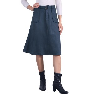 INSPIRE CHIC Women's Casual Solid Faux Suede Pockets Stretch A-line Midi Skirt with Belt - 1 of 4