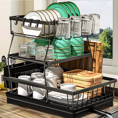 FURNIinspire Kitchen Racks 3 Tier Dish Rack Large Rust Proof Dish Drying Rack with Bottom Tray for Kitchen Counter, Black, 12"*18.9"*15.9"