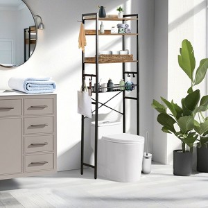 FurnitureR 4-Tier Over-The-Toilet Storage Shelf, Freestanding Bathroom Organizer with Adjustable Shelf & Basket, Space-Saving Rack Above Toilet, Brown - 1 of 4