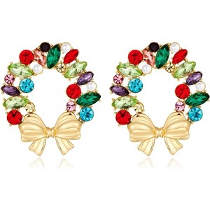 Gold Christmas Wreath Dangle Earrings with Colorful Bow, Festive Holiday Jewelry. - 1 of 4