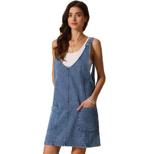 INSPIRE CHIC Women's Sleeveless Casual Denim Adjustable Strap V Neck Front Pockets Overall Mini Dress - 1 of 4
