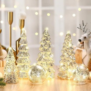 6 Pcs Mercury Glass Christmas Tree for Tabletop Light up Figurine Christmas Tree Mercury Cracked Glass Globe w/Light for Xmas Centerpiece Mantel Gift - 1 of 4