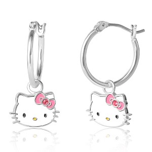 Sanrio Hello Kitty Brass Flash Silver Plated Pink Crystal Charm Hoop Earrings - 1 of 2
