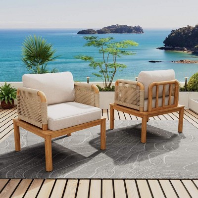 Acacia Wood Rope Outdoor Club Chairs Set of 2 with Deep Seats, Patio Lounge Chairs with Water-Repellent Cushions for Garden Balcony-Coolbibila