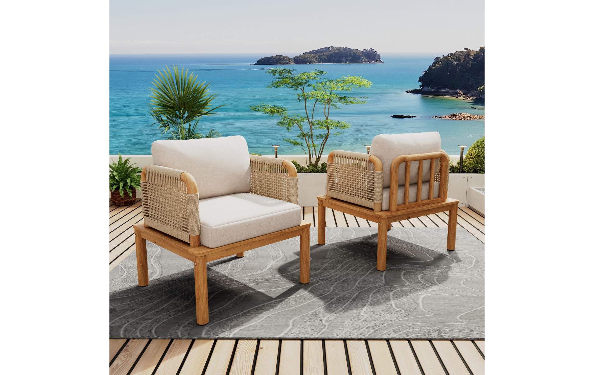 Acacia Wood Rope Outdoor Club Chairs Set of 2 with Deep Seats, Patio Lounge Chairs with Beige Water-Repellent Cushions for Garden Balcony-Coolbibila