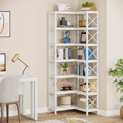 White 7-Tier Adjustable Corner Bookshelf with Metal Frame