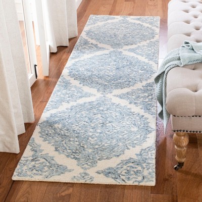 Ivory and Blue Abstract Hand Tufted Wool Runner Rug