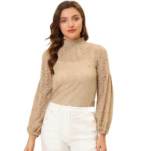 INSPIRE CHIC Women's See Through Mock Neck Long Sleeve Floral Lace Blouse - 1 of 4