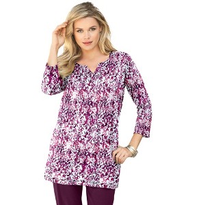 Roaman's Women's Plus Size Three Quarter Notch Neck Soft Knit Tunic - 1 of 4