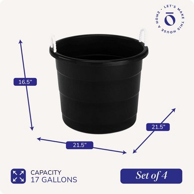 Set of 4 Black Large Plastic Utility Storage Buckets with Rope Handles