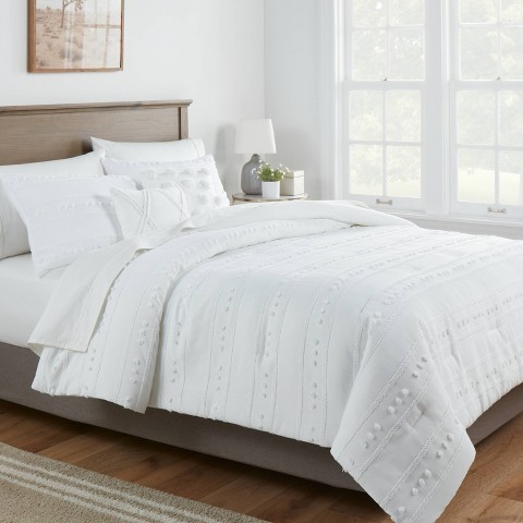 Threshold 5pc Full/Queen Clipped Stripe Poms Comforter Bedding Set White - Threshold™: Dobby Polyester, OEKO-TEX Certified