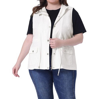 Agnes Orinda Women's Plus Size Utility Cargo Pockets Drawstring Waist Sleeveless Scrub Vests