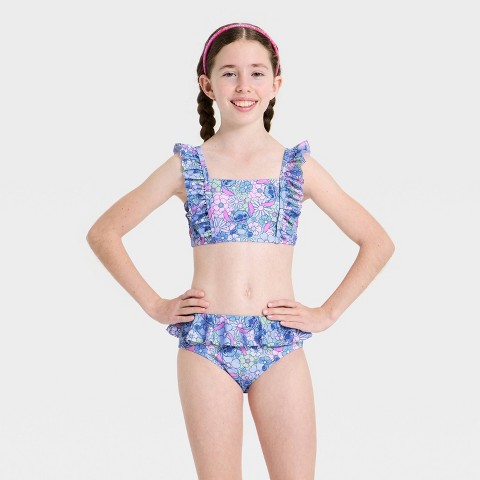 Disney Girls' Stitch Floral Bikini Set - Blue M