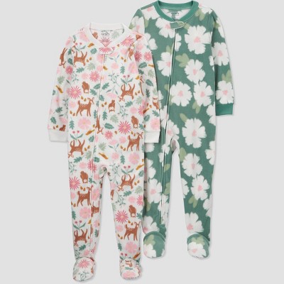 Image of Carter's Just One You® Toddler Girls' Animals and Floral Fleece Footed Pajamas - White/Sage Green/Pink 12M