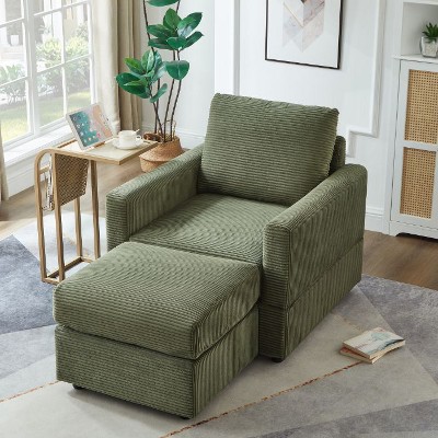 CAVINAS Modern Corduroy Lounge Sofa Chair, Upholstered Accent Chair with Ottoman, Wide Armrests and Pillow, Adjustable Backrest