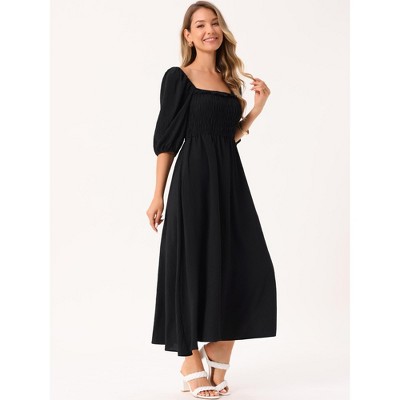 Женские платья INSPIRE CHIC Women's Summer Casual Puff Half Sleeve Square Neck Smocked Flowy with Pockets Maxi Dress Black Medium — фото 3