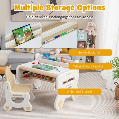 Kids Beige and White Drawing Table and Chair Set with Storage