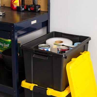 Heavy Duty Black and Yellow Stackable Storage Totes with Lids