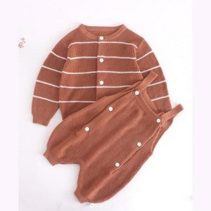 MyKids-Usa Baby Solid Color Knit Romper Combo Striped Graphic Cardigan Sets - 1 of 4