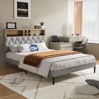 CAVINAS Full/Queen Size Adjustable Wood Platform Bed Frame with Storage Headboard & Charging Station,No Box Spring Needed