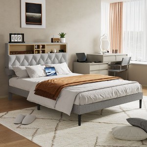 CAVINAS Full/Queen Size Adjustable Wood Platform Bed Frame with Storage Headboard & Charging Station,No Box Spring Needed - 1 of 4