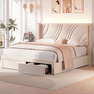 Full/Queen/King Size Modern Upholstered Bed Frame with Storage Drawers, Wingback Velvet Platform Bed with RGB Lights,No Box Spring Needed - ModernLuxe